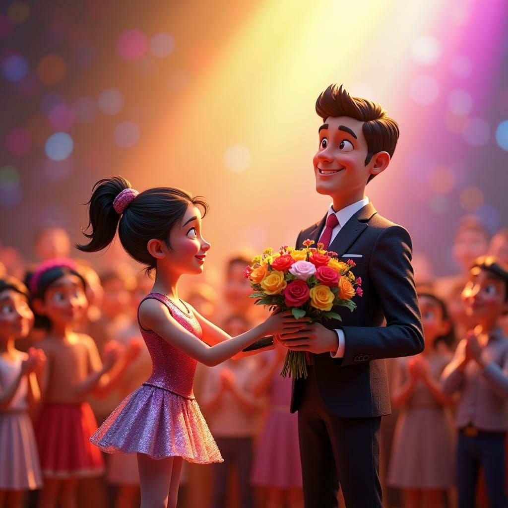 A Beaming Father Holds a Bouquet on Stage with Proud Daughte...