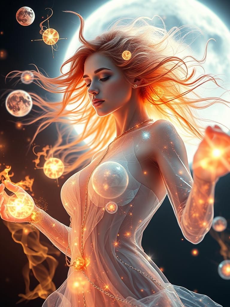 Celestial Woman Juggling Fiery Orbs During Lunar Eclipse