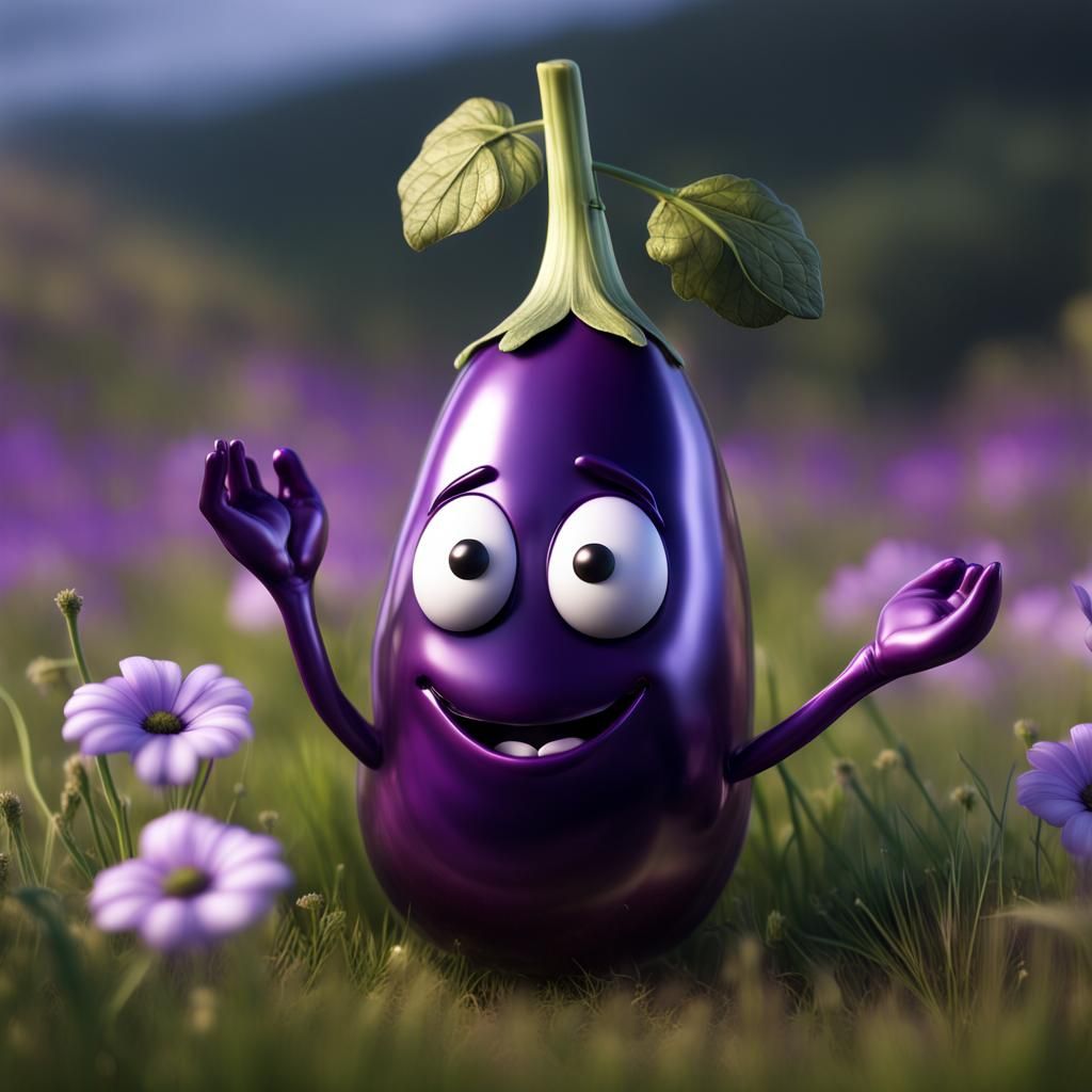 Happy Aubergine with Plastic Face in Meadow