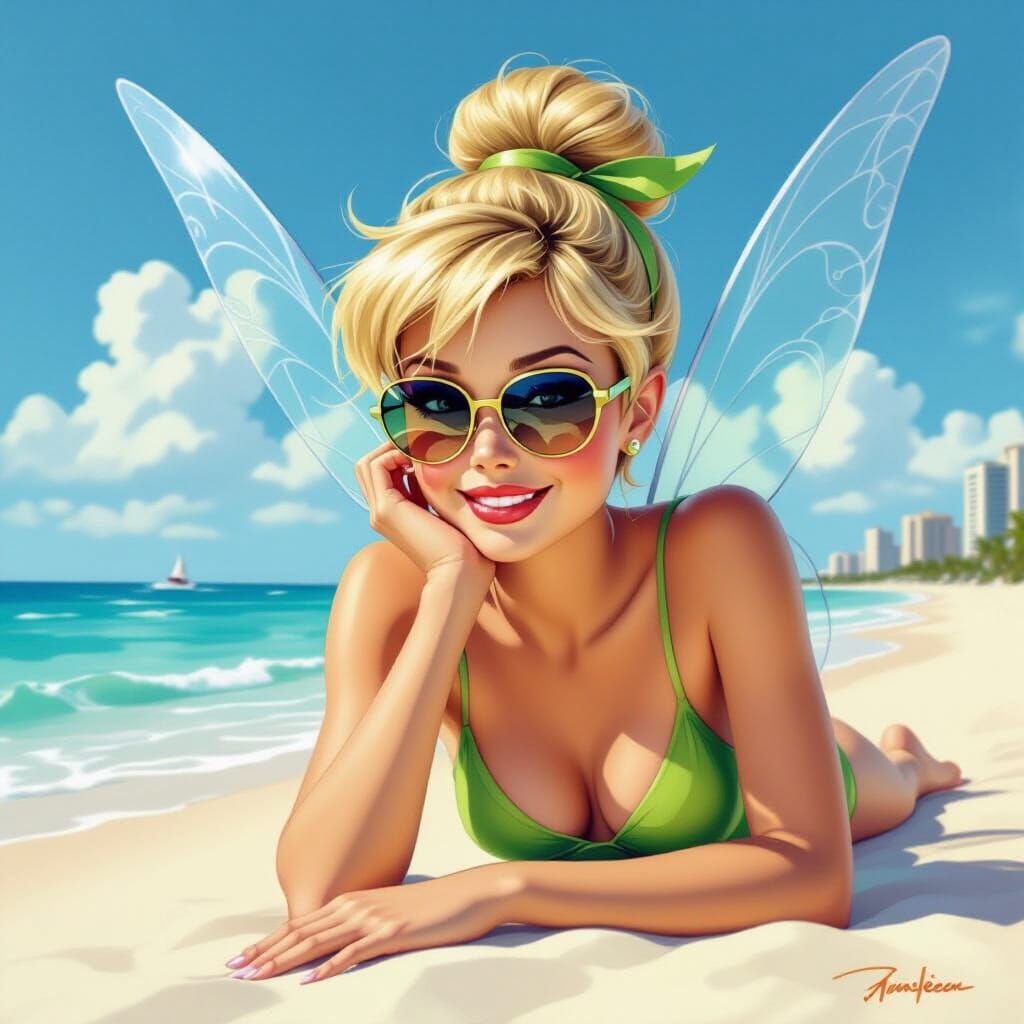 Tinker Bell Lounging at Miami Beach in Airbrush Style