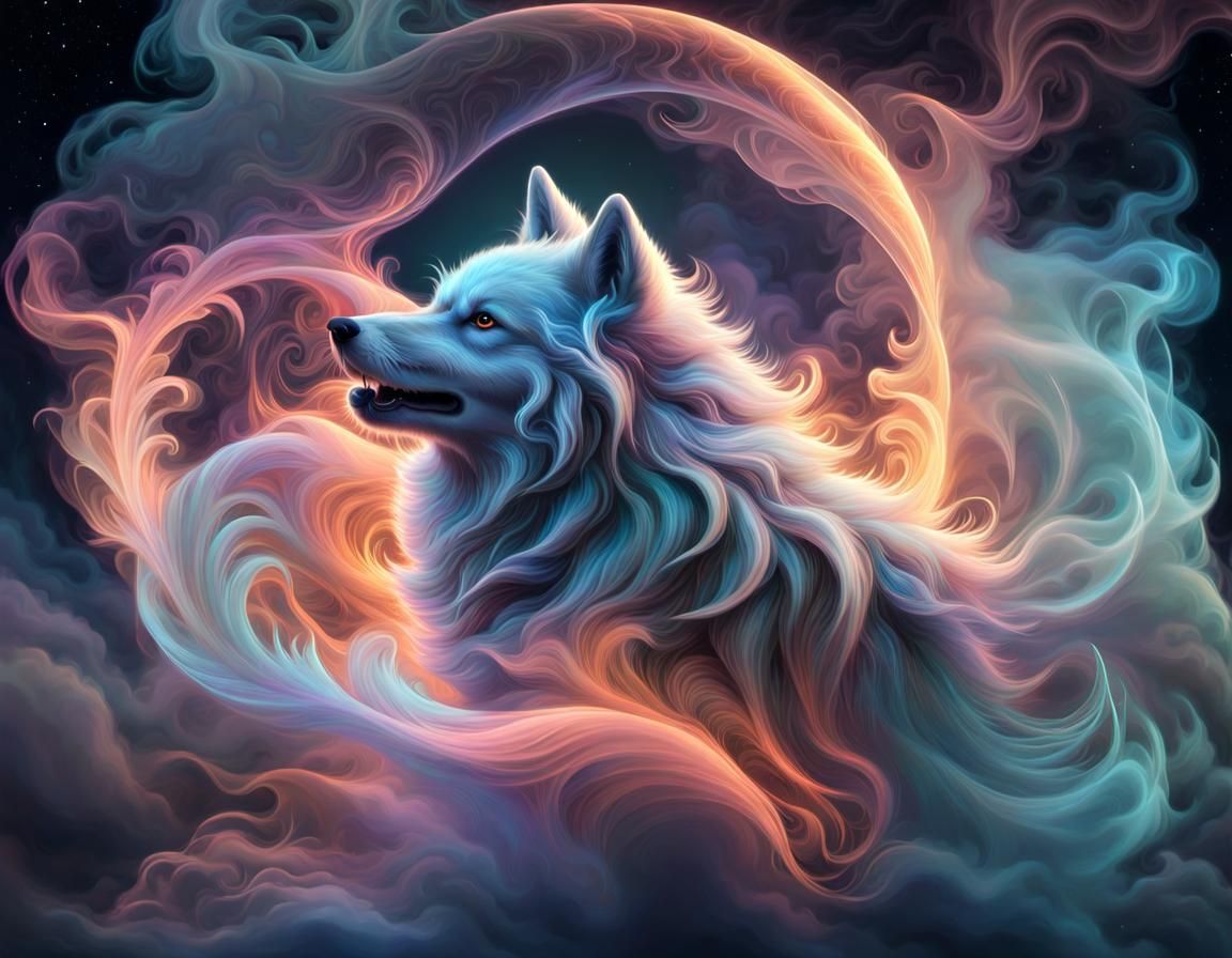 Ethereal Phantom Wolf Howling in Fractal Smoke