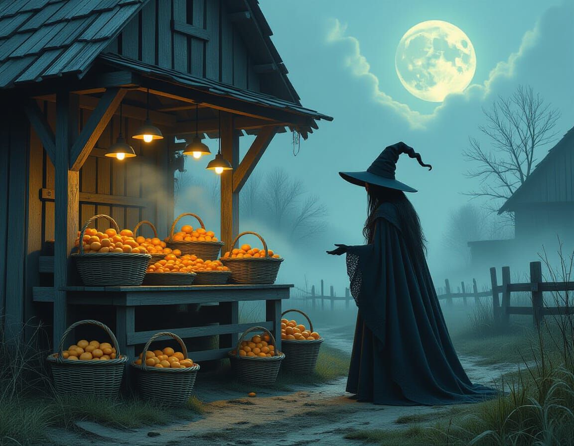 Mysterious Witch at Moonlit Farmstand: Fantasy Art
