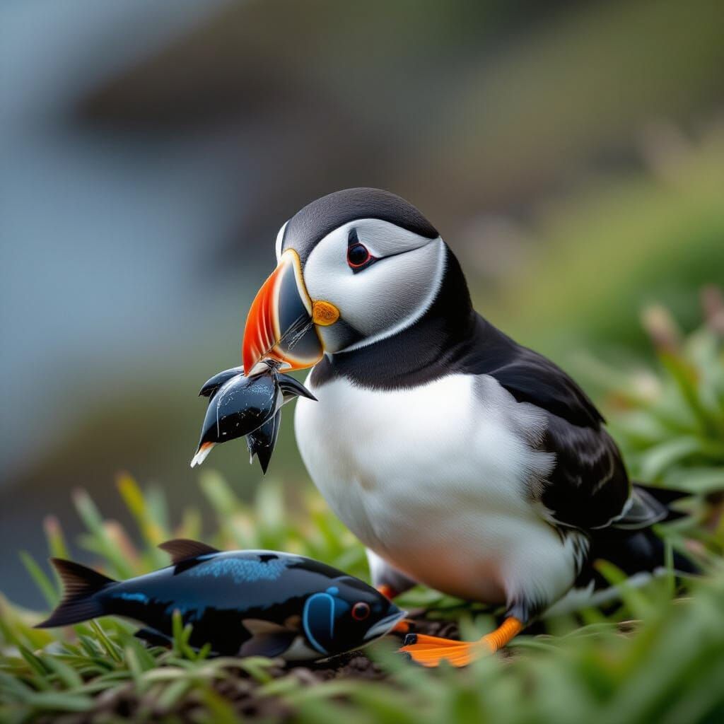 Hyperrealistic Puffin Eating Blackfish in Cinematic Style