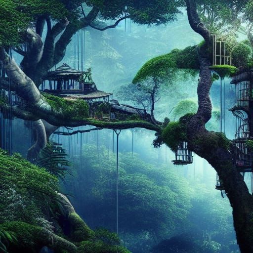 Jungle Treehouse with Blue Pools: Digital Matte Painting