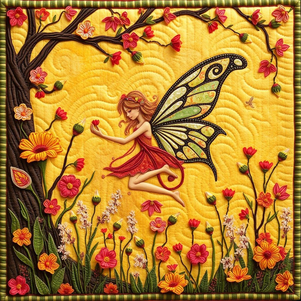 Folk Art Spring Quilt with Mystical Fairy, Rich Textures