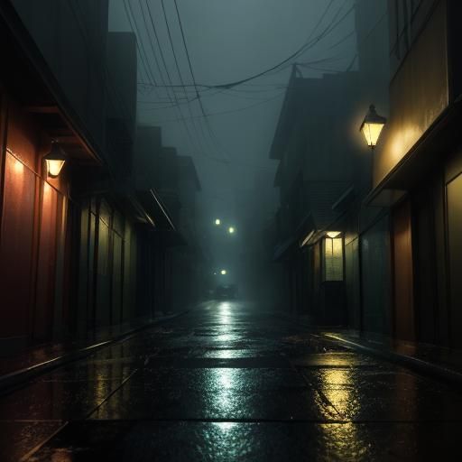 Mysterious Woman in Rainy Alley: Ethereal Digital Art