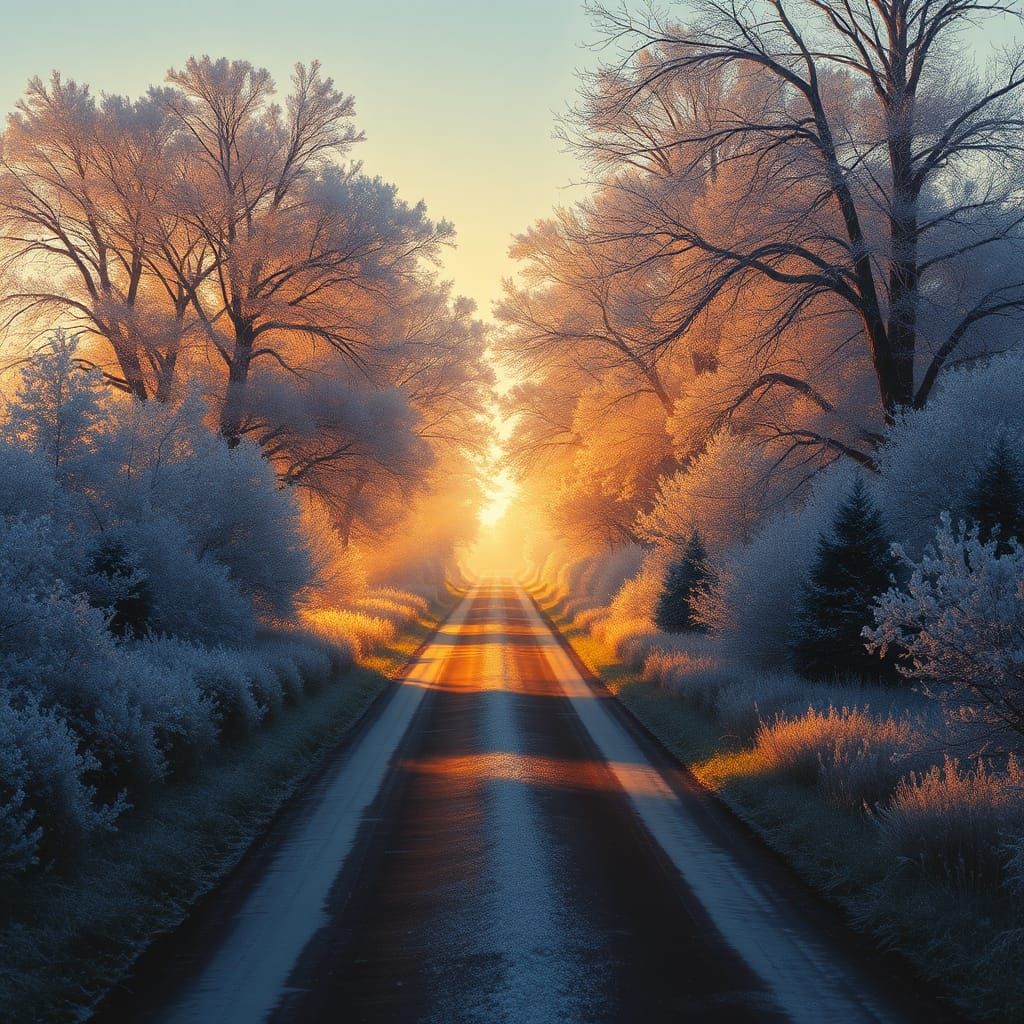 A country road in the dark on both sides there are trees, gr...