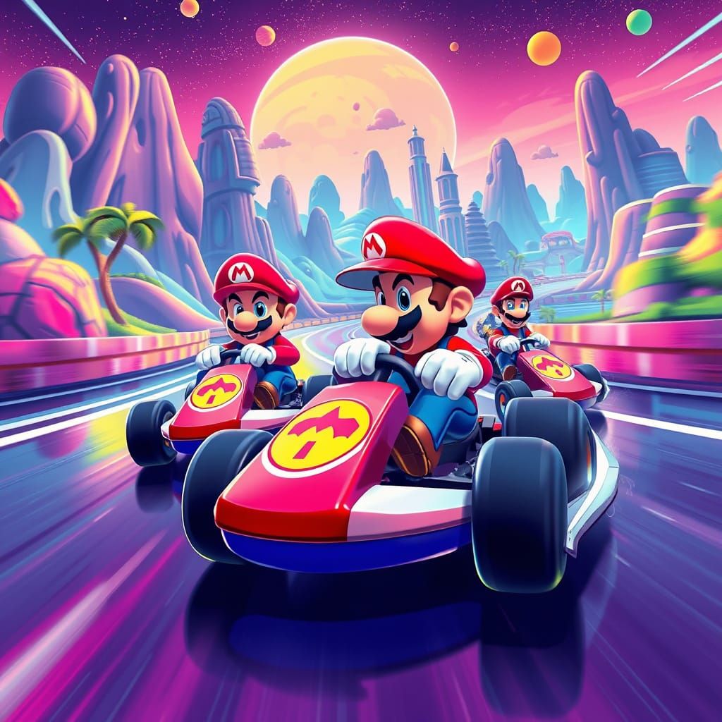 Retro-Futuristic Mario Kart Racing Scene
