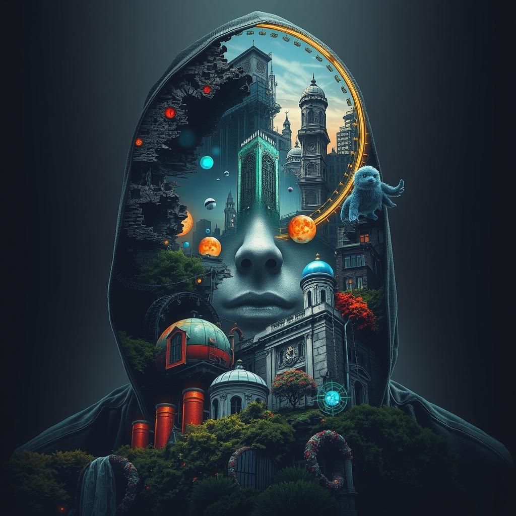 Hooded Figure in Cyberpunk Architectural Mindscape