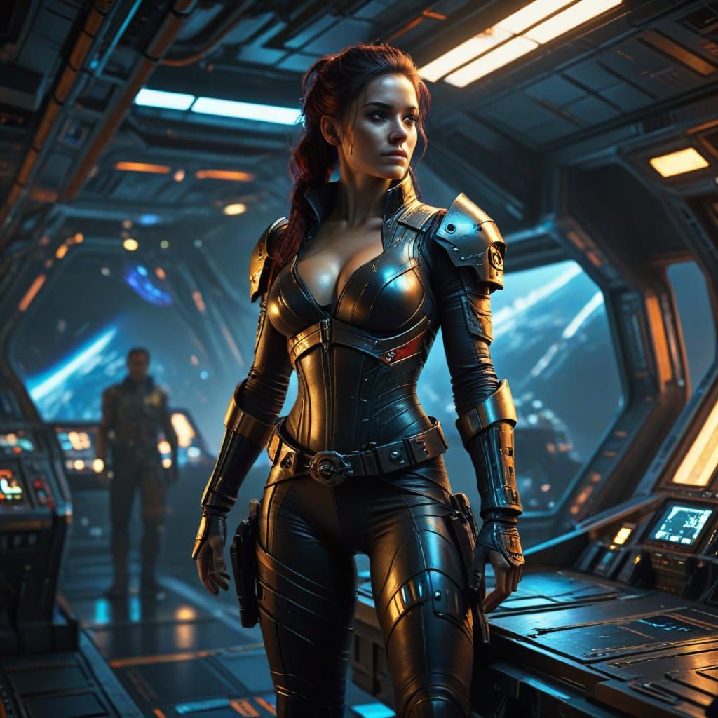 Female Space Pirate in Dramatic Spaceship Lighting