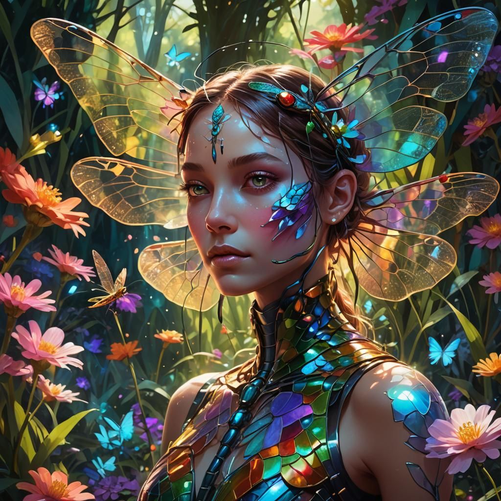 Multi-Colored Dragonfly in Fantasy Garden Art