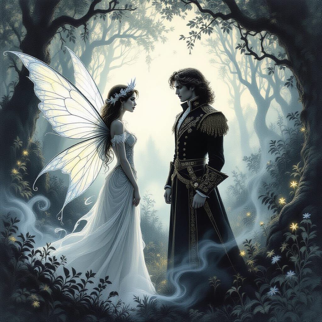 Fairy and Prince in Enchanted Forest Twilight Charcoal Drawi...