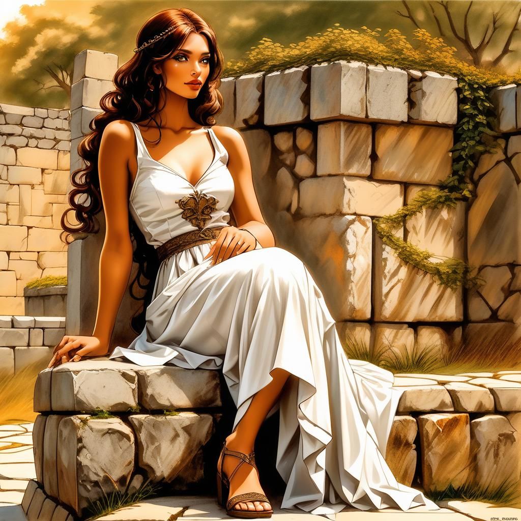 Medieval Temptress on Stone Wall in Fantasycore Style