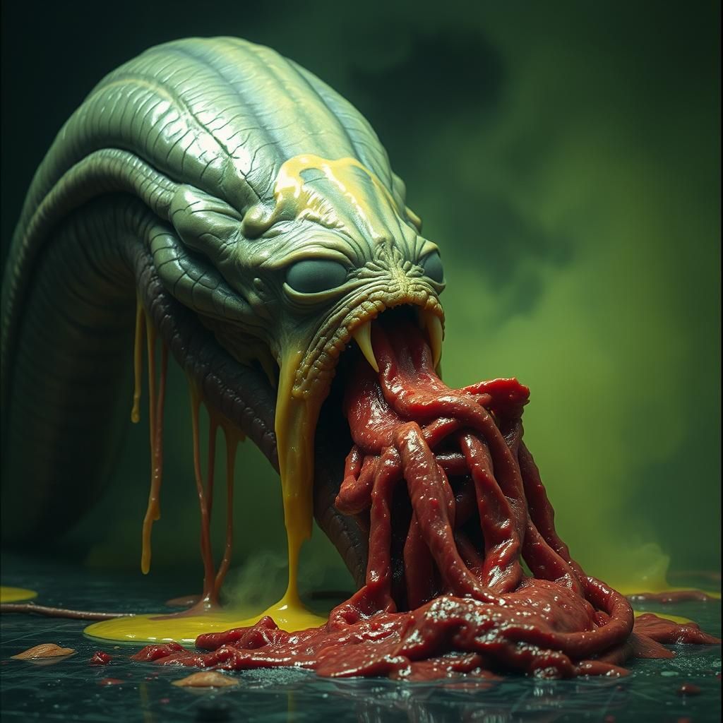 Grotesque Alien Worm Consuming Bloody Entrails