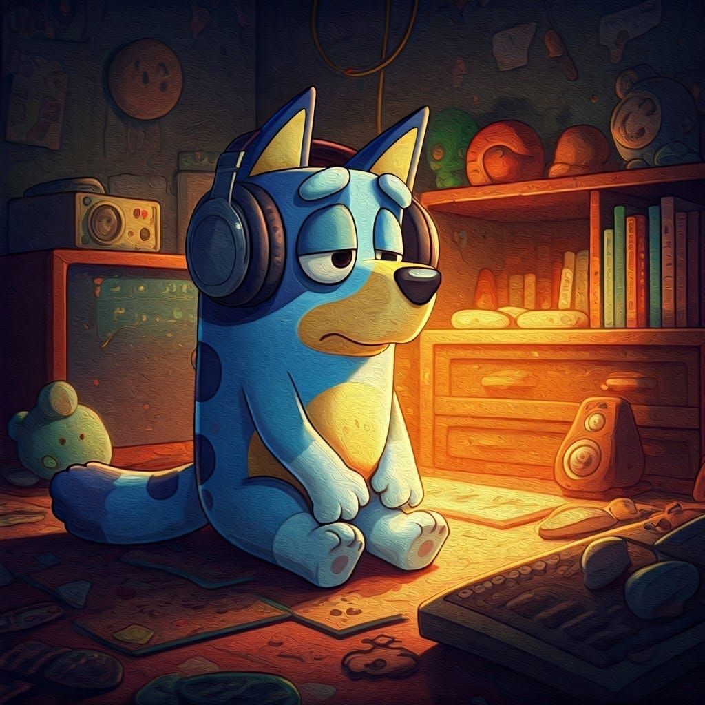 Bluey in Melancholy: A Gouache Impressionist Illustration