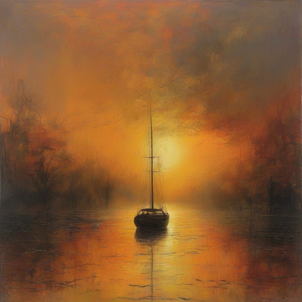 Sailing Boat on Autumn Sunset Lake