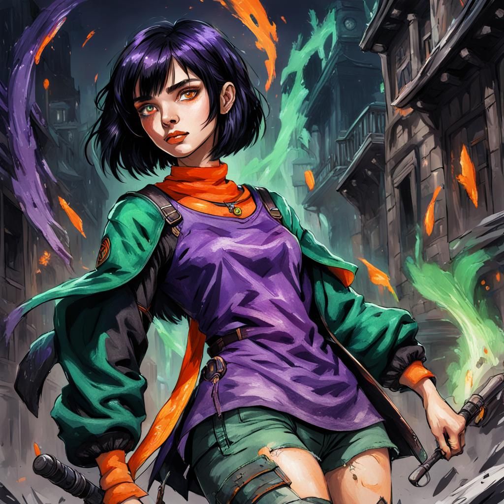 Fantasy Hunter with Bob Haircut in Crayon Style