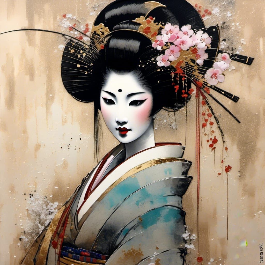 Geisha Dance with Sakura in Mixed Media Style