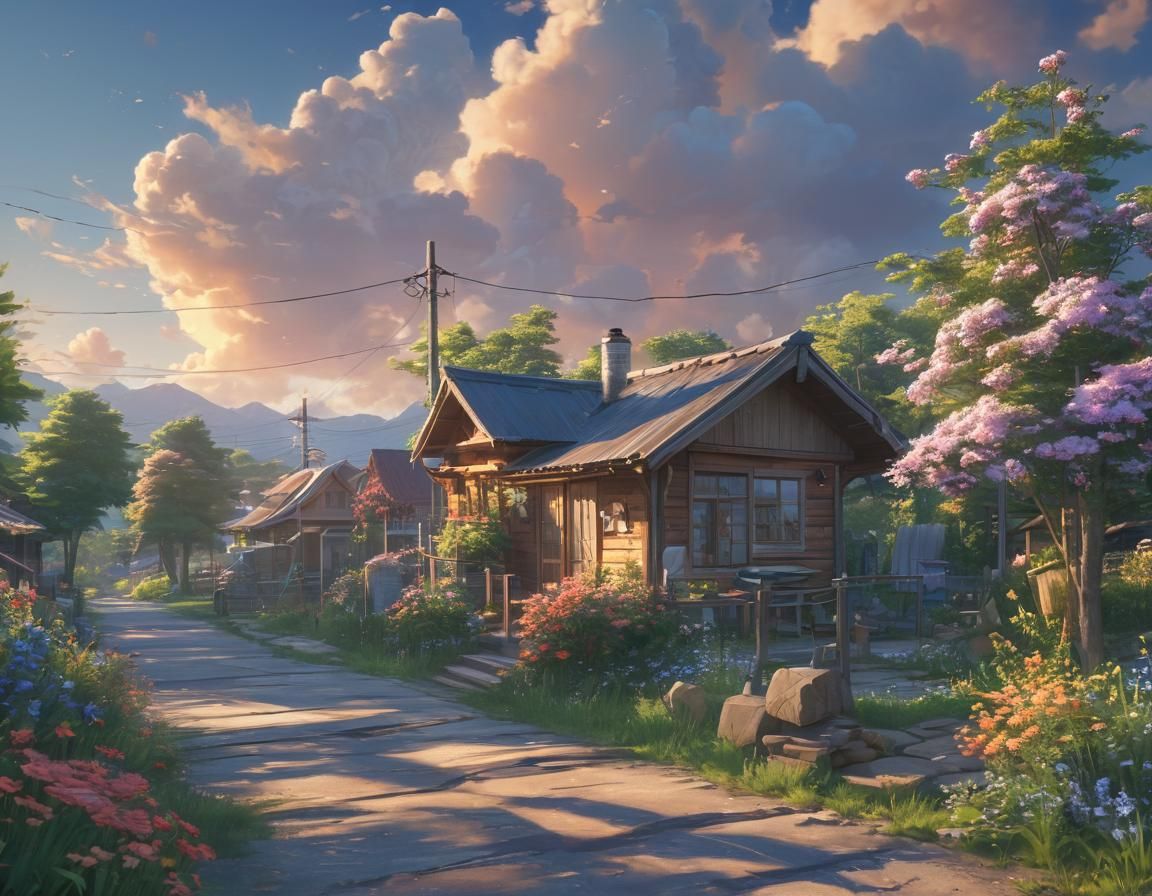 Ethereal Village Oasis Under Warm Golden Light