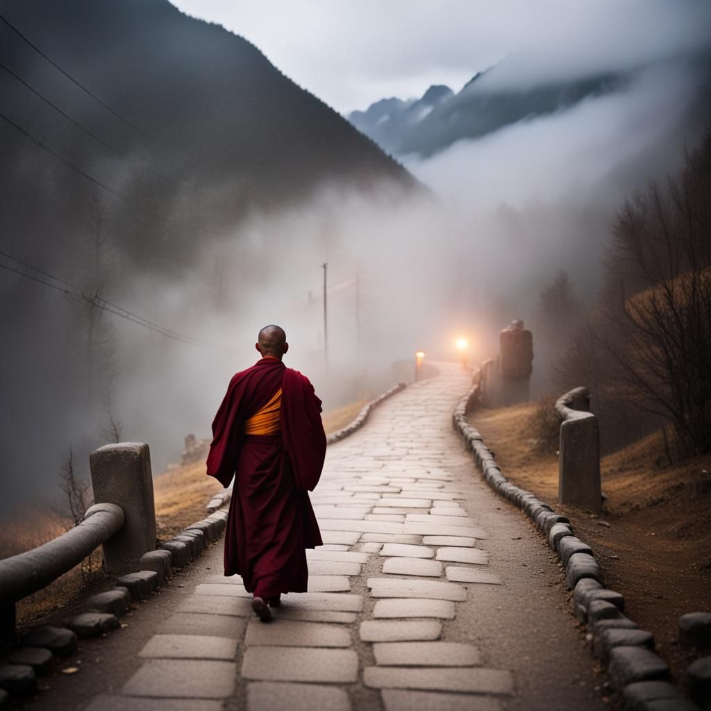 Foggy Tibetan Mountain Path with Monk
