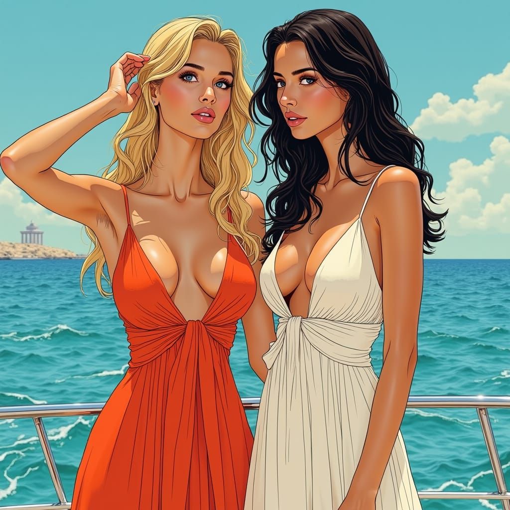 Yacht Girls Illustration in Comic Book Style
