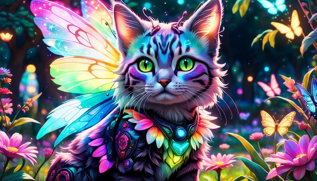 Tabaxi Fairy with Neon Wings in Fantasycore Style