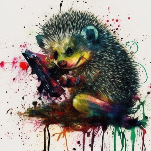 Colorful Hedgehog Reading Book, Ink Splash Art