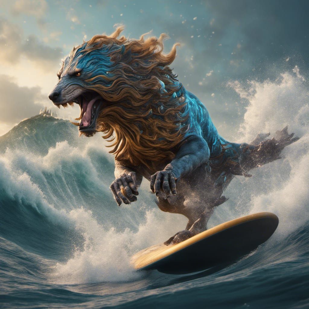 Animal Surfing Waves in Detailed Fantasy Art