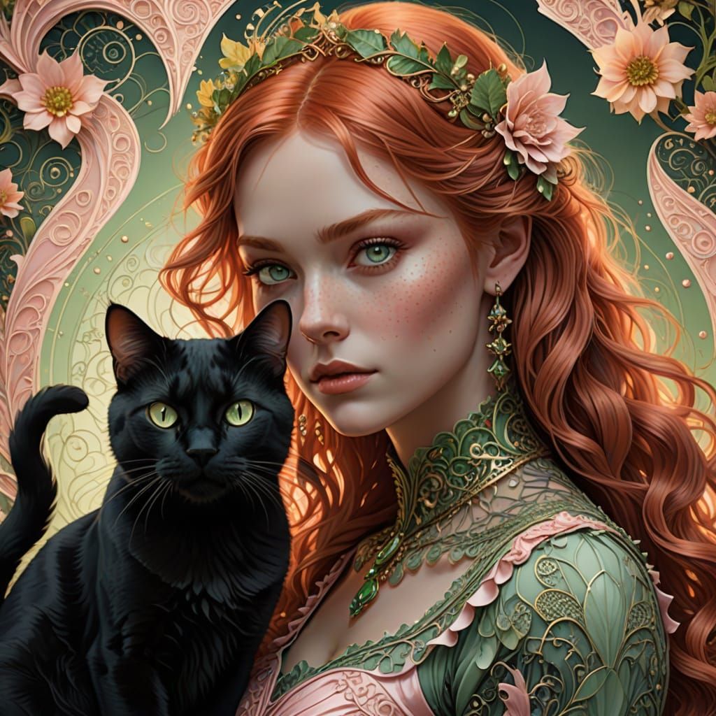 Whimsical Red-Haired Girl in Elegant Fractal Portrait