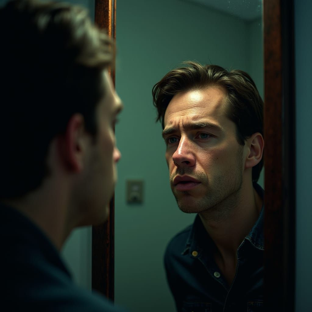 Man's Conflicted Emotions Reflected in a Mirror