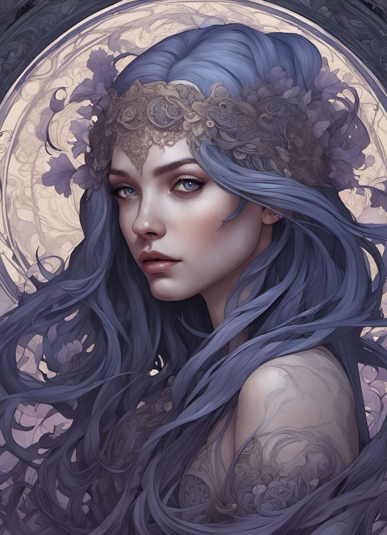 Ethereal Goddess with Violet Eyes, Art Nouveau Style