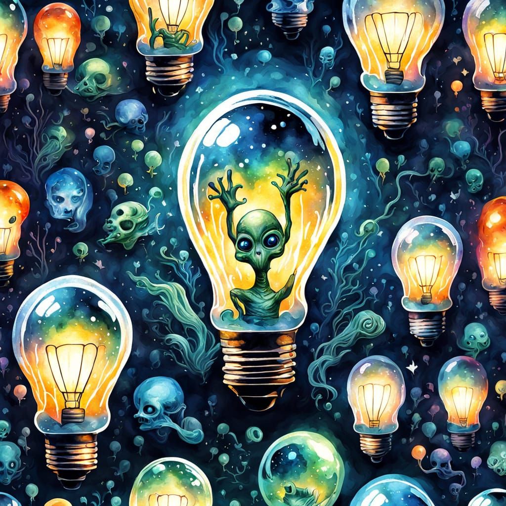 Alien Inside Light Bulb: Watercolor Fantasy Illustration