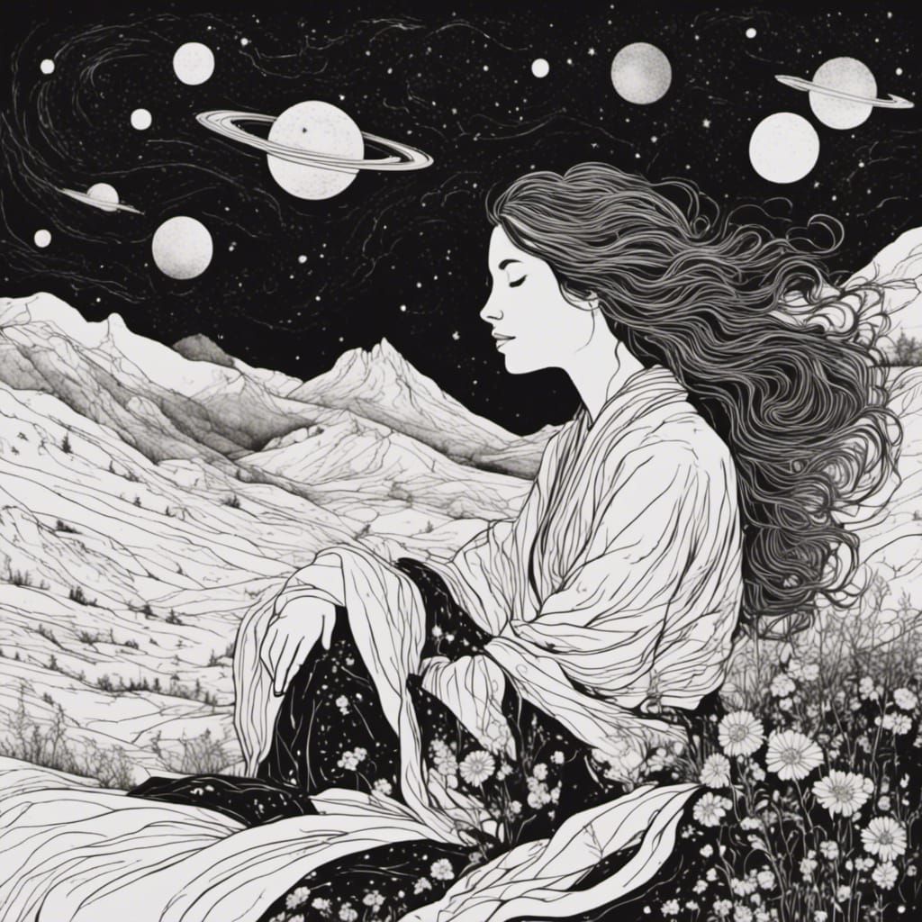 Woman Sleeping in Cosmic Dreamscape: Cel-Shaded Art