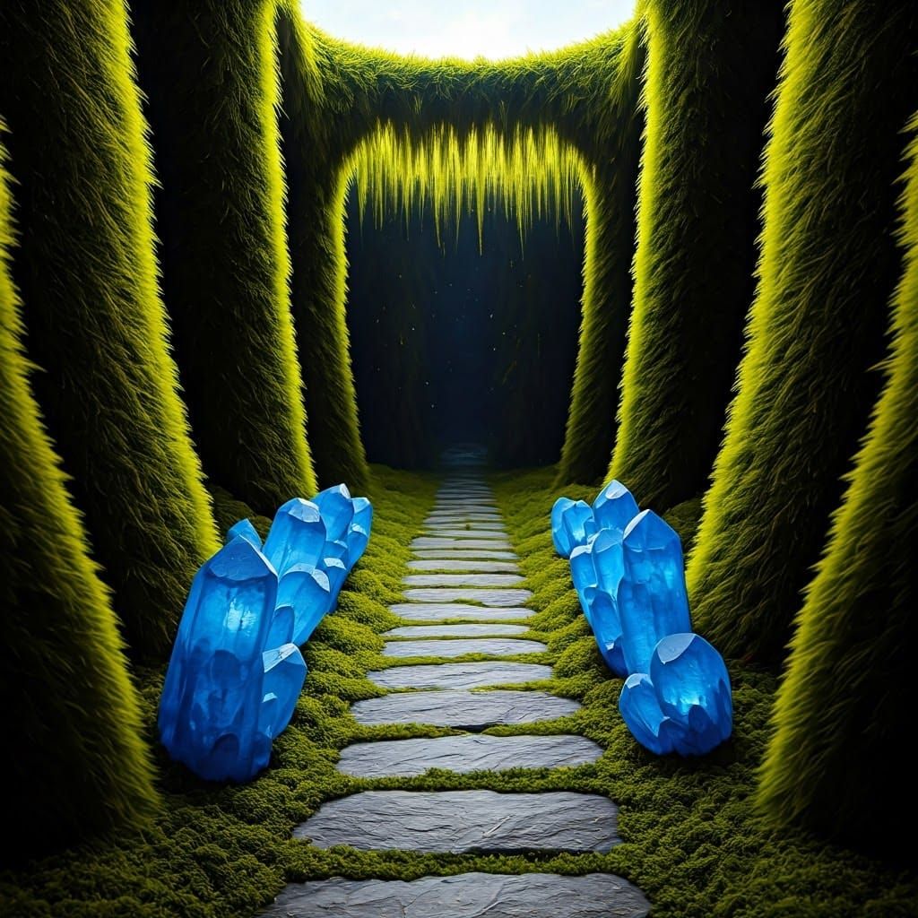 Vibrant Blue Crystals Adorn a Lush Mossy Pathway