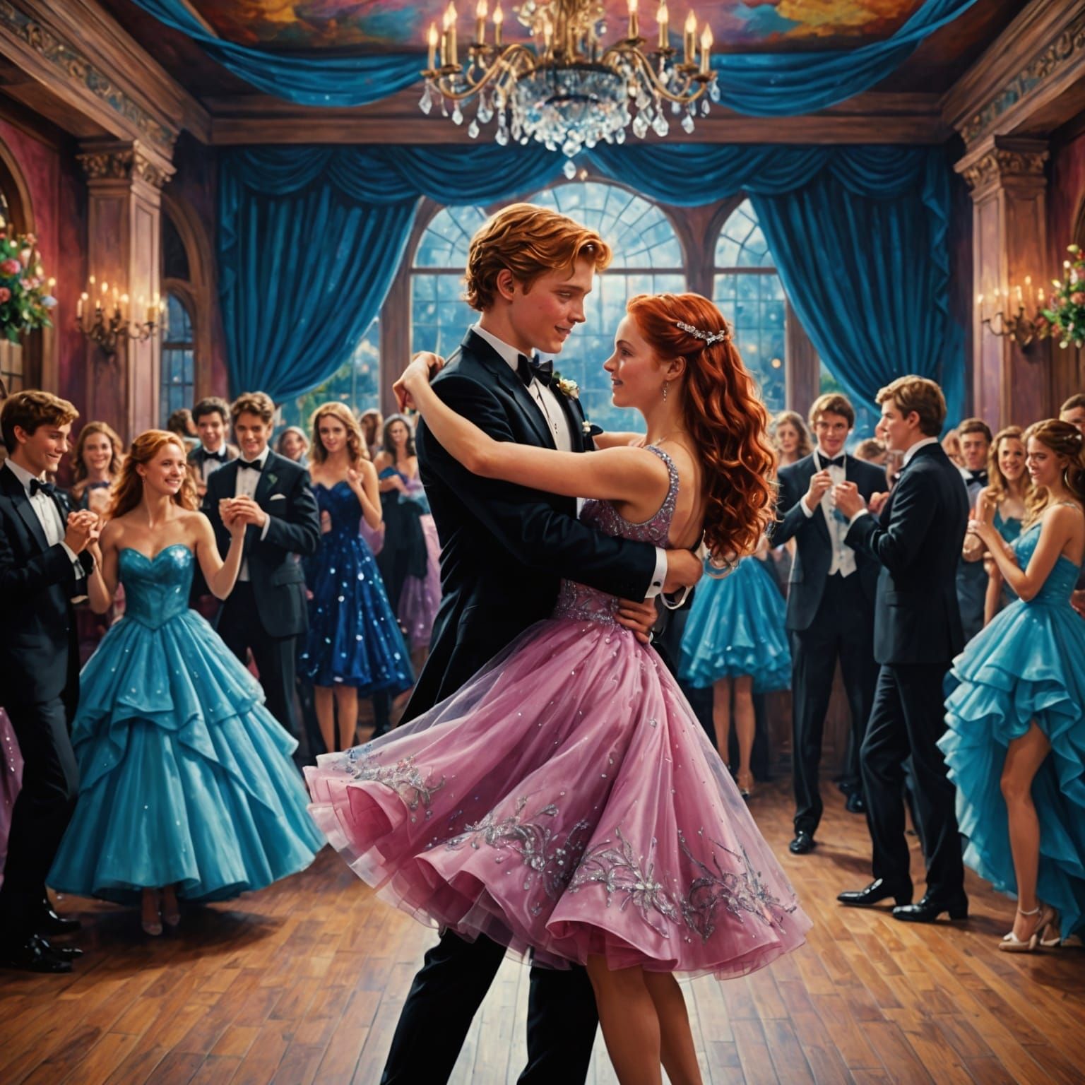 Teen Couple Dancing at the Prom in Detailed Painting