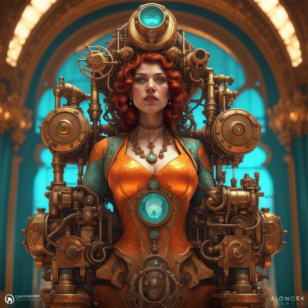 Steampunk Queen on Engine, Klimt-Inspired Art