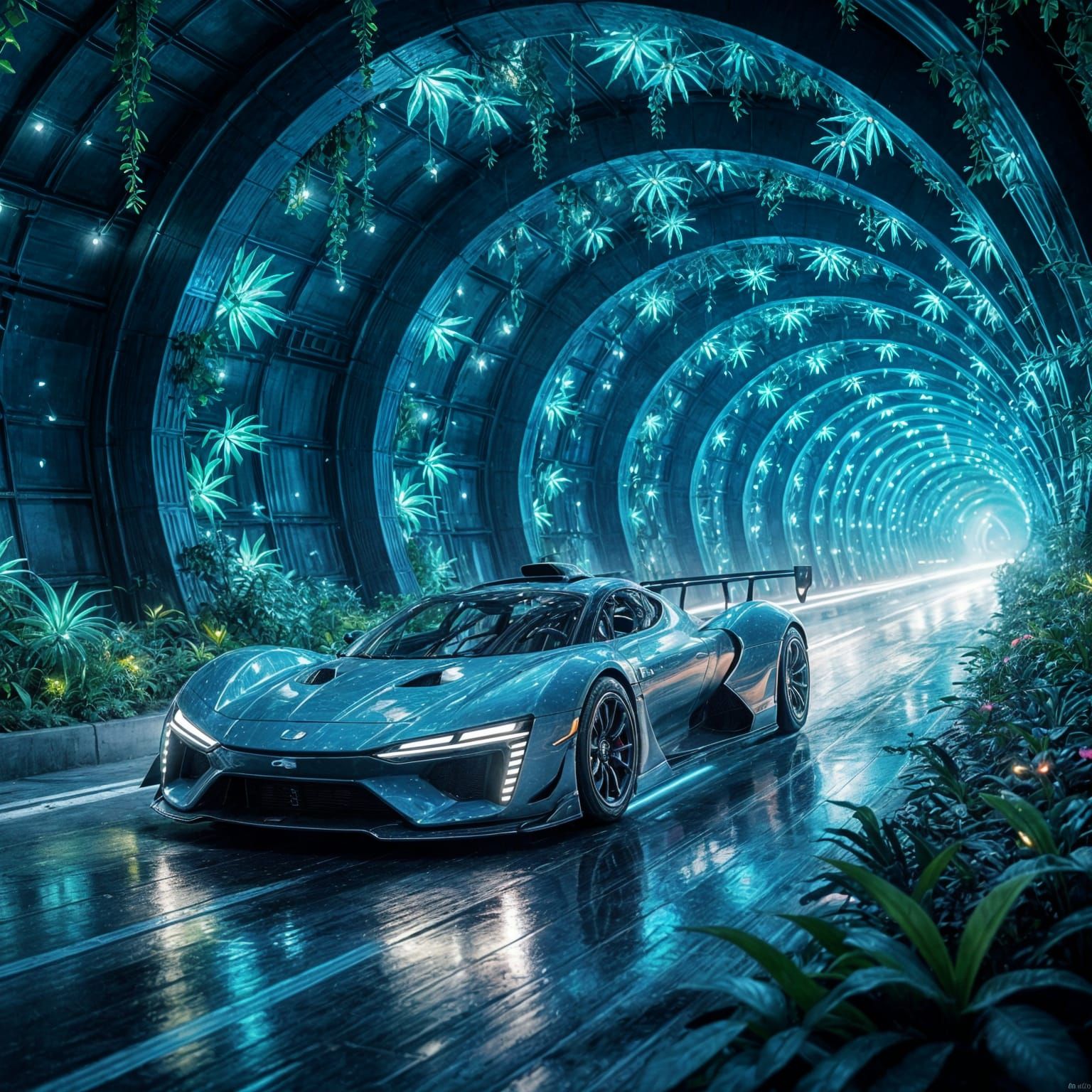 Futuristic Race Car Speeds Through Bioluminescent Tunnel