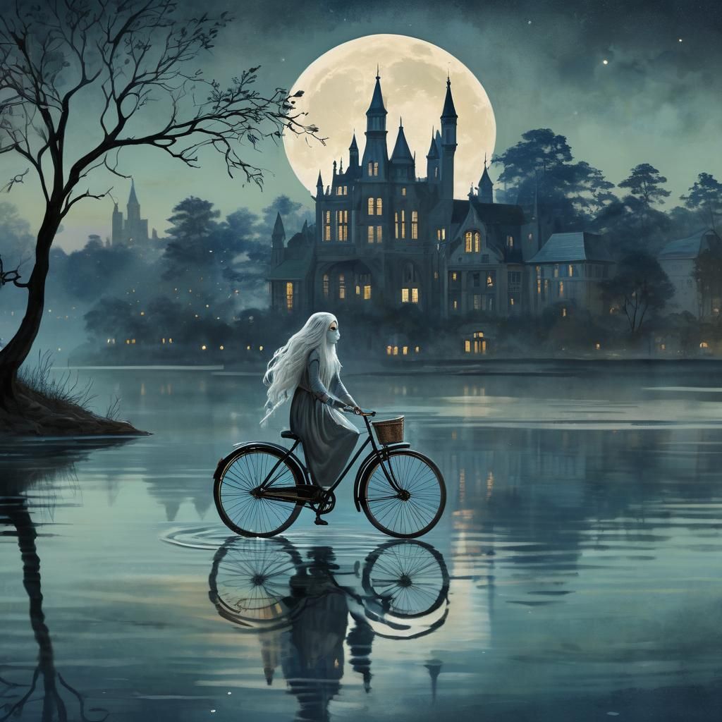 Ghostly Cyclist on Serene Lake: Fantasy Concept Art