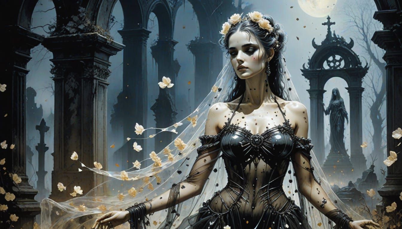 Ethereal Vampire Maiden Amidst Twilight Cemetery