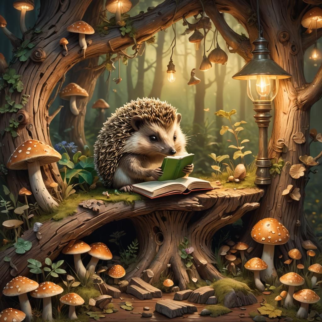 Cozy Hedgehog Reading Nook in Mystical Forest