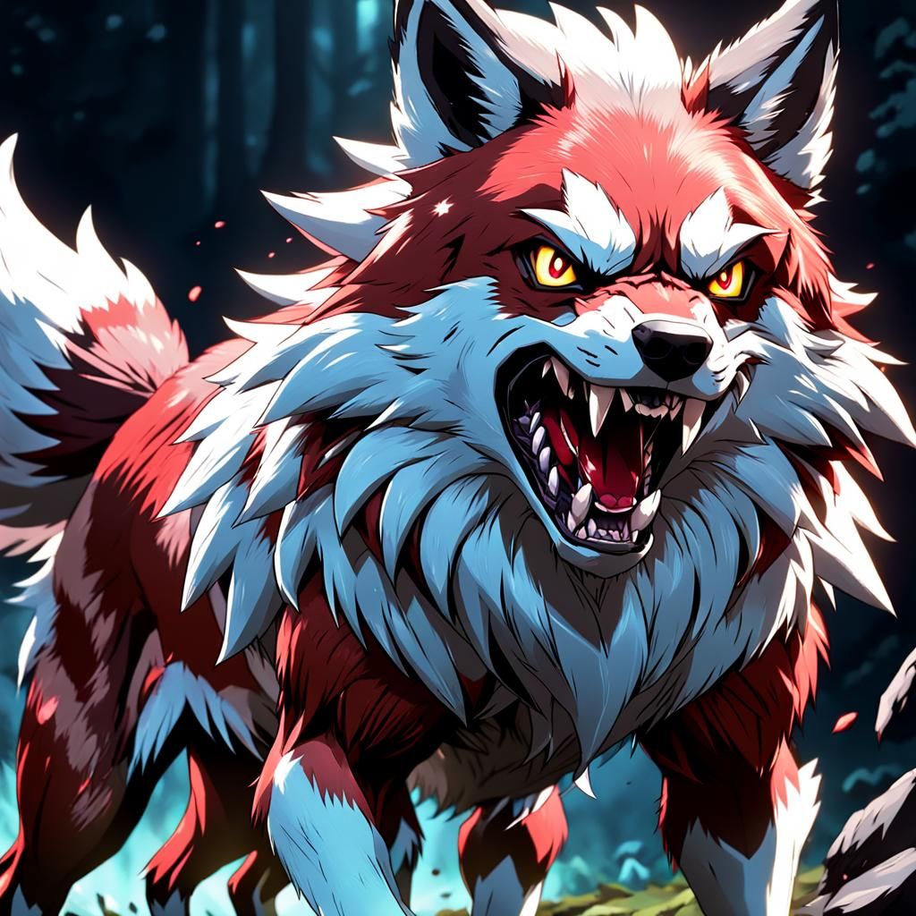 Ferocious Lycanroc with Blood, Cel-Shaded Anime Style