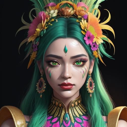 Gold Woman with Peacock Feathers in Candy Art Style