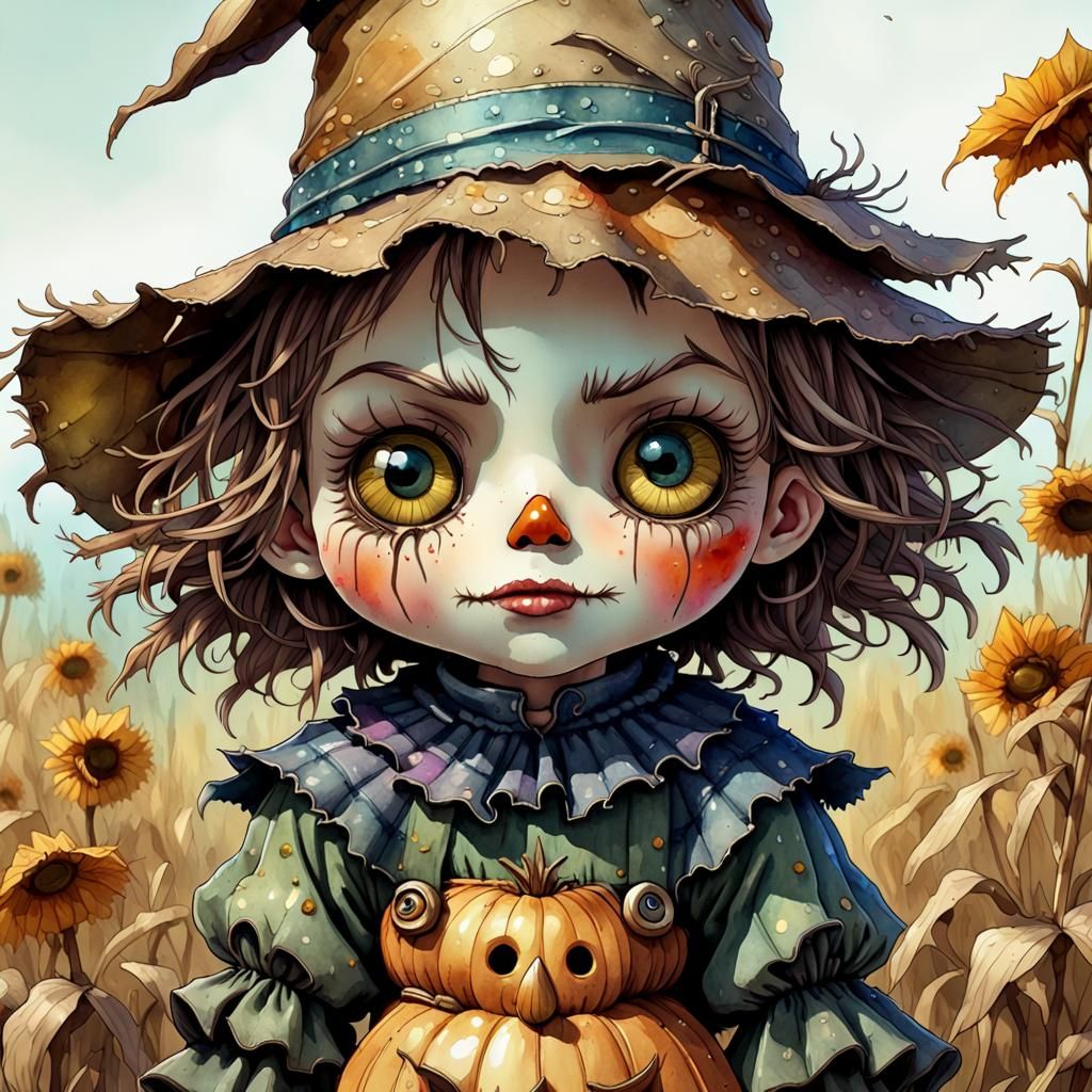 Whimsical Chibi Scarecrow Portrait in Watercolor and Ink