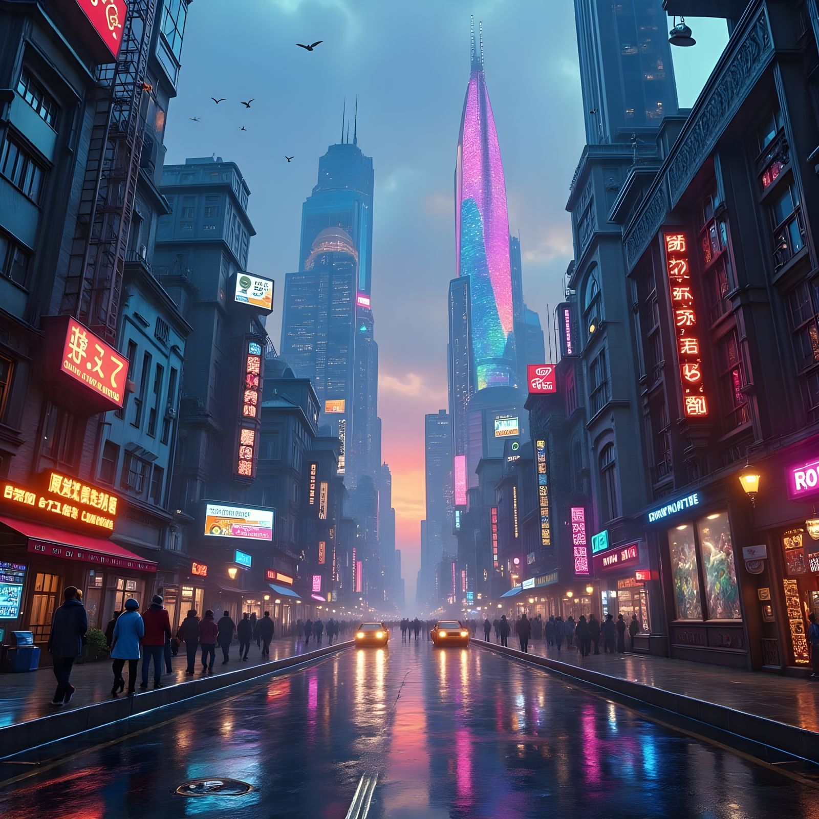 Glowing Cityscape at Night with Pearlescent Architecture