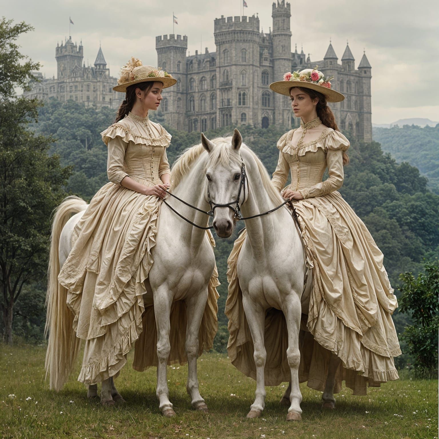Victorian Ladies Ride Elegant Horses in Front of a Castle