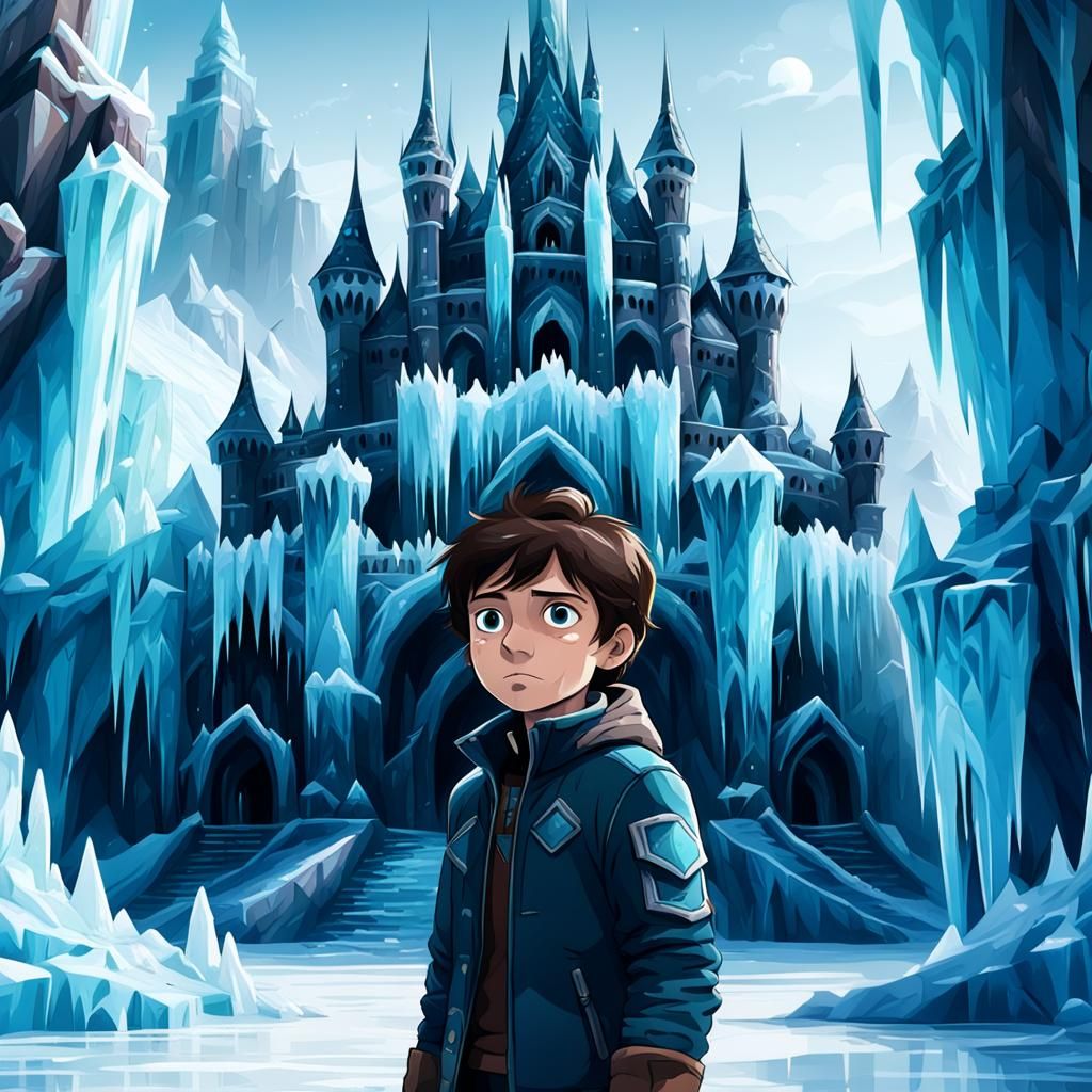 Scared Boy at Ice Palace in Fantasy Style