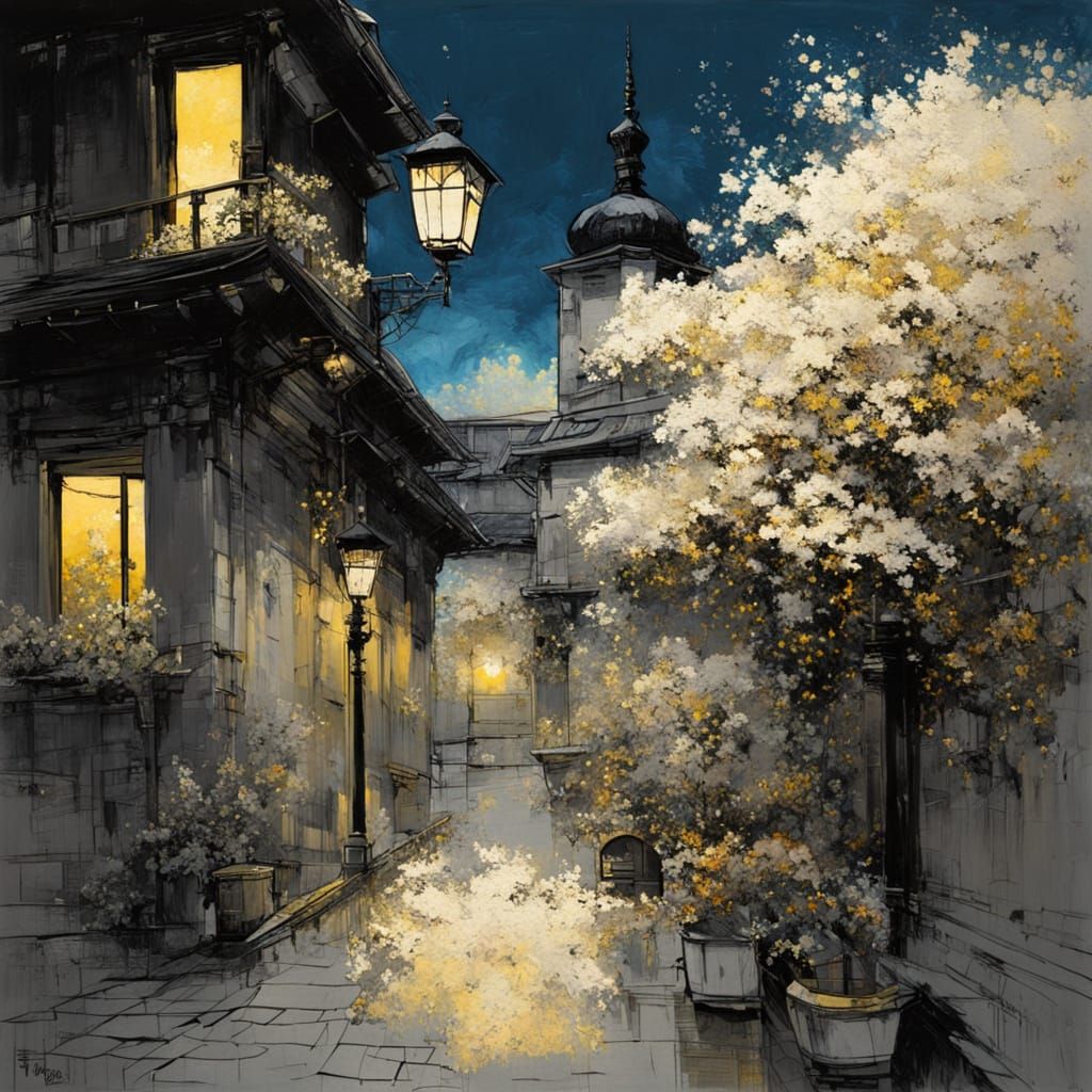 Romantic Cityscape with Ancient Architecture and Vibrant Gar...