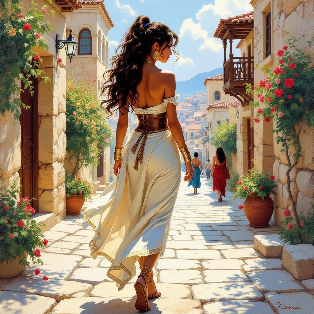 Greek Woman in Ancient City, Fantasy Oil Painting
