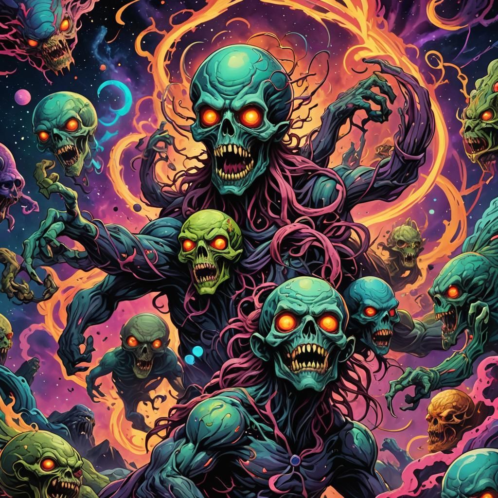 Cosmic Zombie Hive Mind: A Lovecraftian Astral Illustration