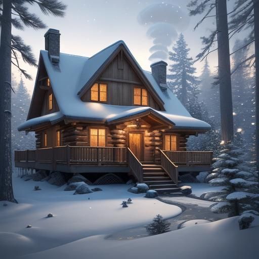 Winter Cabin in Snowy Forest Wonderland